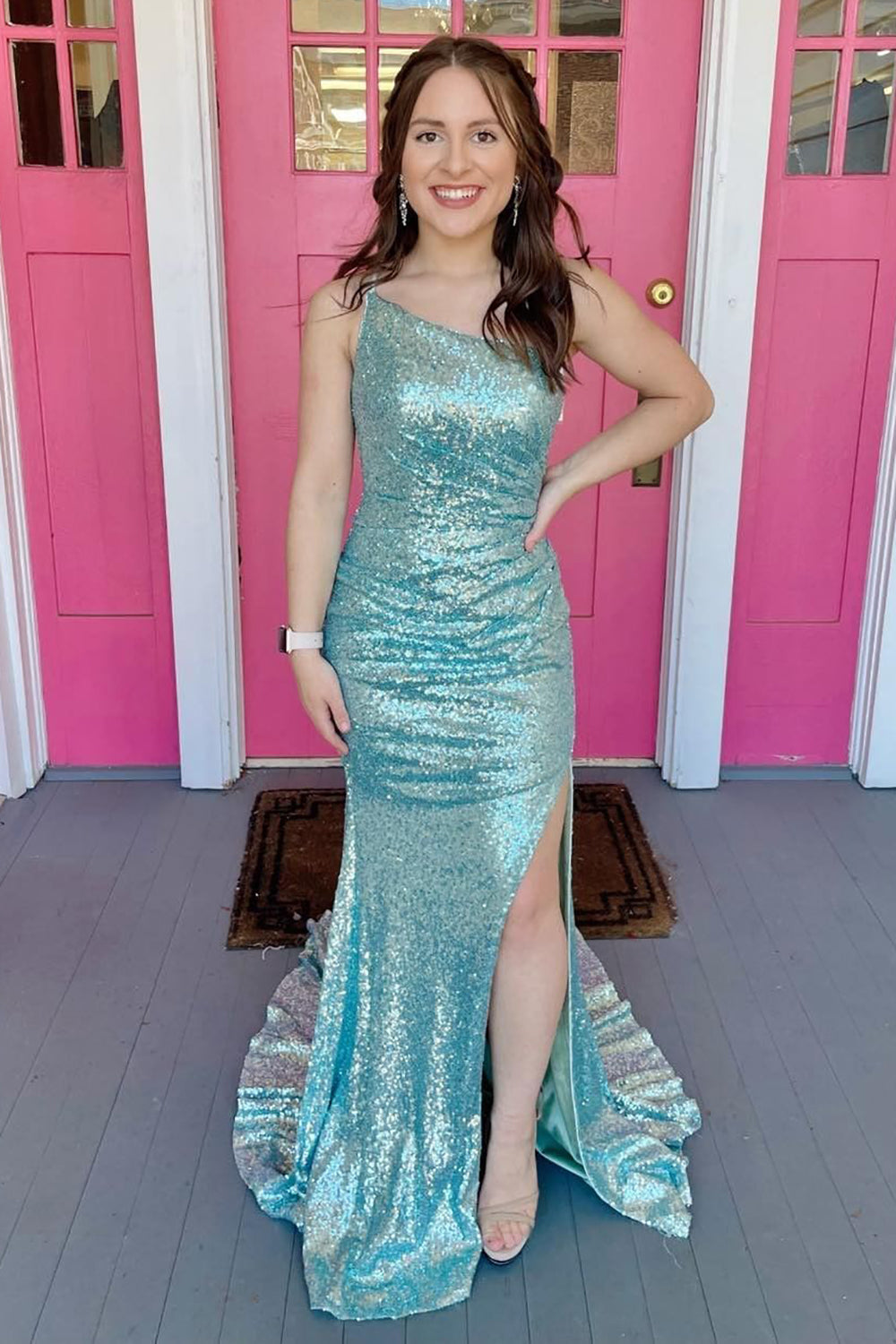 Mermaid Prom Dress with One Shoulder and Sequins Featuring a Slit
