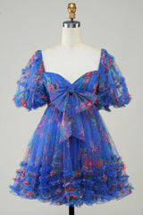 Dark Blue Puff Sleeves A-Line Floral Short Homecoming Dress/Mini Dress with Ruffles