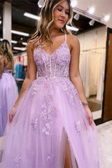 Lilac Long Prom Dress with Spaghetti Straps and Appliques in A-Line Style