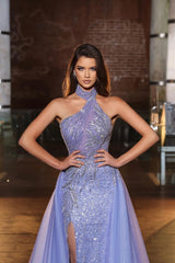 Charming Purple Halter Tulle Split Mermaid Overskirt Evening Dress With Sequins Beads