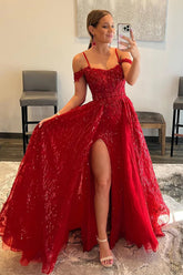 Off-the-Shoulder Red Tulle Prom Dress Featuring Beading