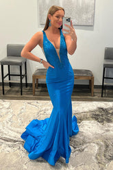 Mermaid Prom Dress in Blue with Beading and Deep V-neck