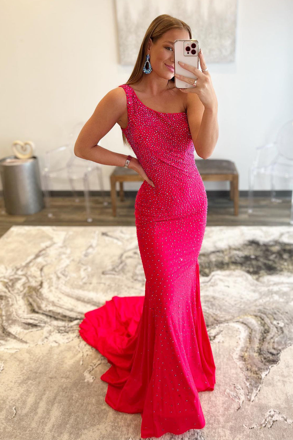 One-Shoulder Mermaid Prom Dress in Hot Pink
