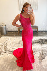 One-Shoulder Mermaid Prom Dress in Hot Pink