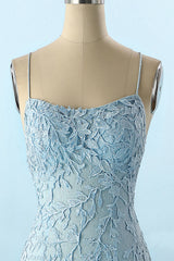 Backless Prom Dress with Blue Spaghetti Straps