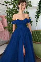 Dusty Pink A-Line Slit Strapless Off-The-Shoulder Evening Dress With Tulle Appliques
