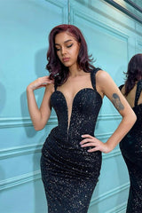 Stunning Sleeveless Pleated Short Mermaid Black Sequins Straps Formal Dress