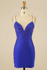 Royal Blue Halter Beaded Tight Short Homecoming Dress/Mini Dress