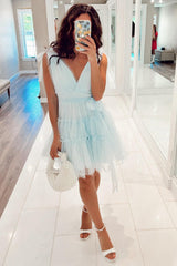 Light Blue A-Line Tulle Tiered Short Homecoming Dress/Mini Dress with Pearls
