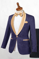 Chic Dark Blue Jacquard Wedding Suit with Shawl Lapel for Men