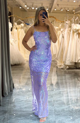 Lilac Backless Prom Dress with Mermaid Spaghetti Straps