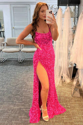Hot Pink Backless Long Prom Dress with Mermaid Glitter Sequins