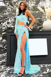 Blue Sequined One-Shoulder Long Prom Dress with Sheath Cutout
