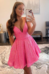 Glitter Hot Pink A-Line Short Homecoming Dress/Mini Dress with Pockets