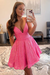 Glitter Hot Pink A-Line Short Homecoming Dress/Mini Dress with Pockets