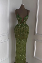 Spaghetti Strap Sleeveless Long Mermaid Formal Dress With Beading