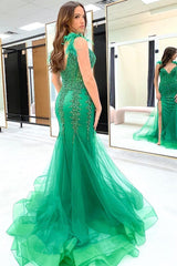 Long Green Prom Dress with Appliques in a Mermaid Deep V Neck