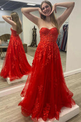 Long Red Prom Dress with Sweetheart Neckline and Appliques