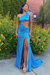 Blue Sequined Long Prom Dress with Feather - Sparkly Mermaid One Shoulder Design