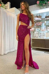 One-Shoulder Fuchsia Prom Dress with Mermaid Cut and Slit