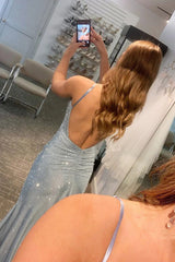 Long V-Neck Prom Dress in Sparkly Light Blue with Beaded Mermaid Cut and Slit