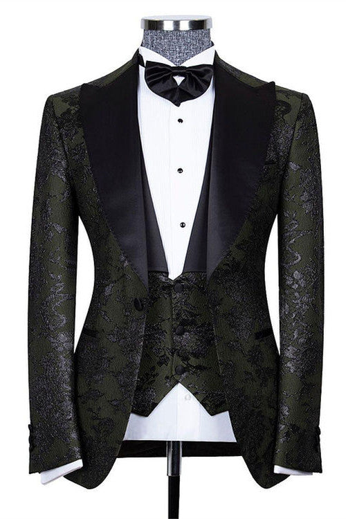 Nathanael Handsome Black Jacquard Peaked Lapel Three-Piece Wedding Groom Suits