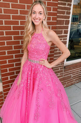 Long Pink Prom Dress with Appliques in Halter Style
