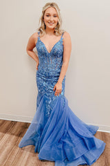 Mermaid Prom Dress in Blue with Spaghetti Straps and Appliques