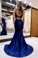 Navy Long Prom Dress with Appliques in a Mermaid Deep V Neck