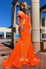 Sequined Blue Mermaid Prom Dress with Off-Shoulder Design