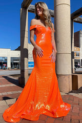 Sequined Blue Mermaid Prom Dress with Off-Shoulder Design