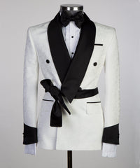 Miael Cuthbert Fashion White Jacquard Wedding Men's Suits with Double-Breasted Shawl Lapel