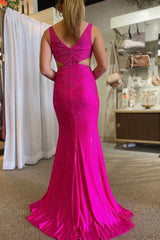 Hot Pink Mermaid Prom Dress with V Neck and Beaded Cut Outs