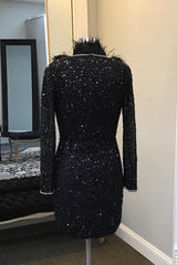 Sparkly Black Long Sleeves Sequins Tight Beaded Short Homecoming Dress/Mini Dress with Feathers