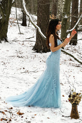 Blue Backless Long Prom Dress with Mermaid Spaghetti Straps