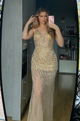 Golden Backless Prom Dress with Deep V Neck in Mermaid Style
