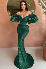 Off-The-Shoulder Sweetheart Long Sleeves Evening Dress With Sequins Mermaid