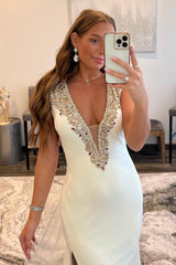 Backless Prom Dress in White with Deep V-Neck and Beading