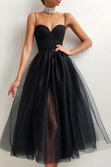 Simple Black Tulle Midi Dress in A-line Style