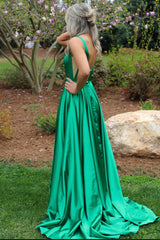 V-neck Satin Prom Dress in Green with A-line Cut and Slit