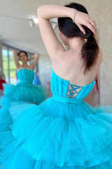 Sky Blue Long Prom Dress with Criss Cross Back in High Low Strapless Style