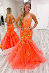 Stylish Orange Long Prom Dress with Mermaid Spaghetti Straps and Appliques