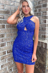 Glitter Turquoise Halter Backless Sequins Tight Homecoming Dress/Mini Dress