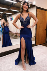 Navy Long Prom Dress with Mermaid Spaghetti Straps and Beading