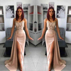 Strapless Pink Slit Mermaid Evening Dress With Chic Appliques