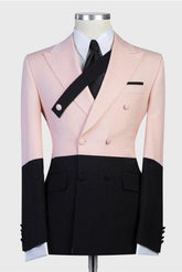 Stitching Pink and Black Peaked Lapel Ring Bearer Suits with Double-Breasted