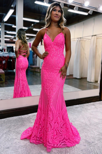 Long Hot Pink Sequined Prom Dress with a Sparkly Mermaid Backless Design