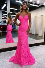 Long Hot Pink Sequined Prom Dress with a Sparkly Mermaid Backless Design