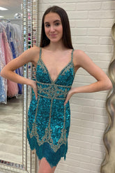 Turquoise Sequined Homecoming Dress/Mini Dress With Fringes