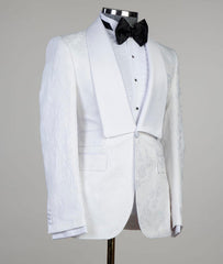 Dennis White Jacquard Shawl Lapel Three-Piece Men's Suits for Wedding